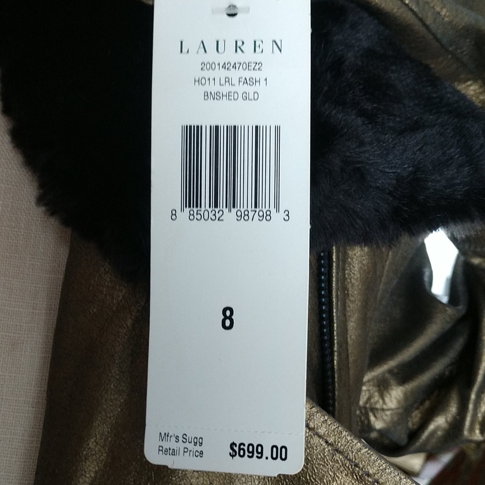 NWT Lauren Ralph Lauren Gold Leather Jacket with Black Collar 8 - Picture 8 of 8